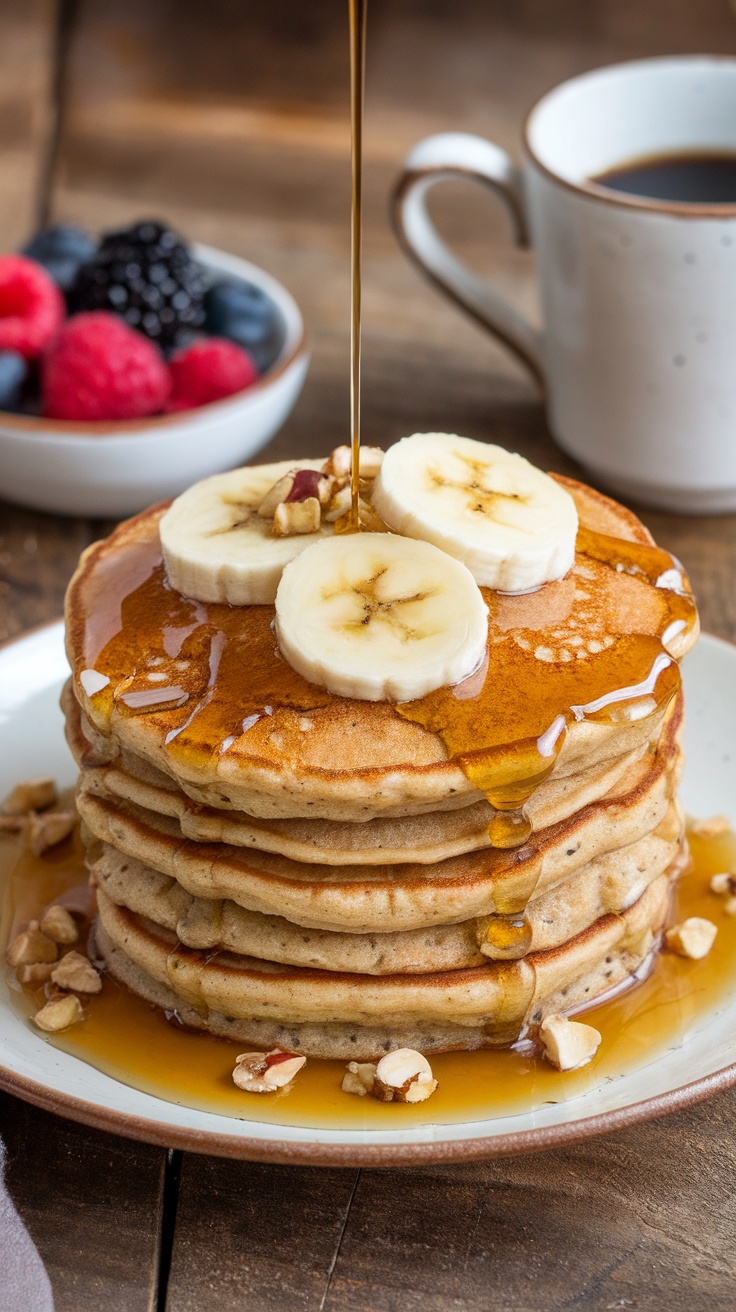 Fluffy Vegan Banana Oat Pancakes Recipe Fluffy vegan banana oat pancakes topped with banana slices and maple syrup on a wooden table.